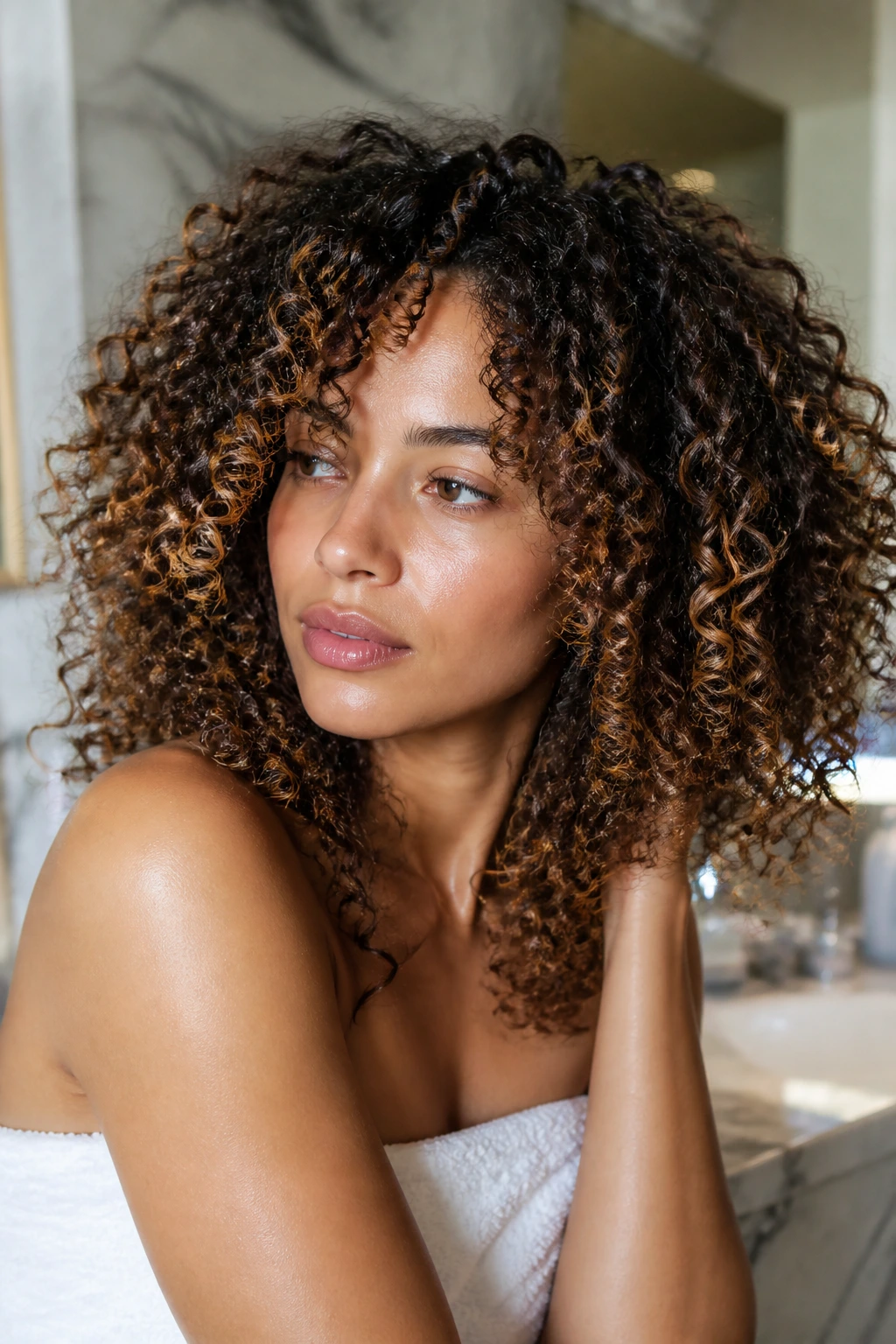 Close-up of hydrated caramel curls in a bathroom setting with warm lighting