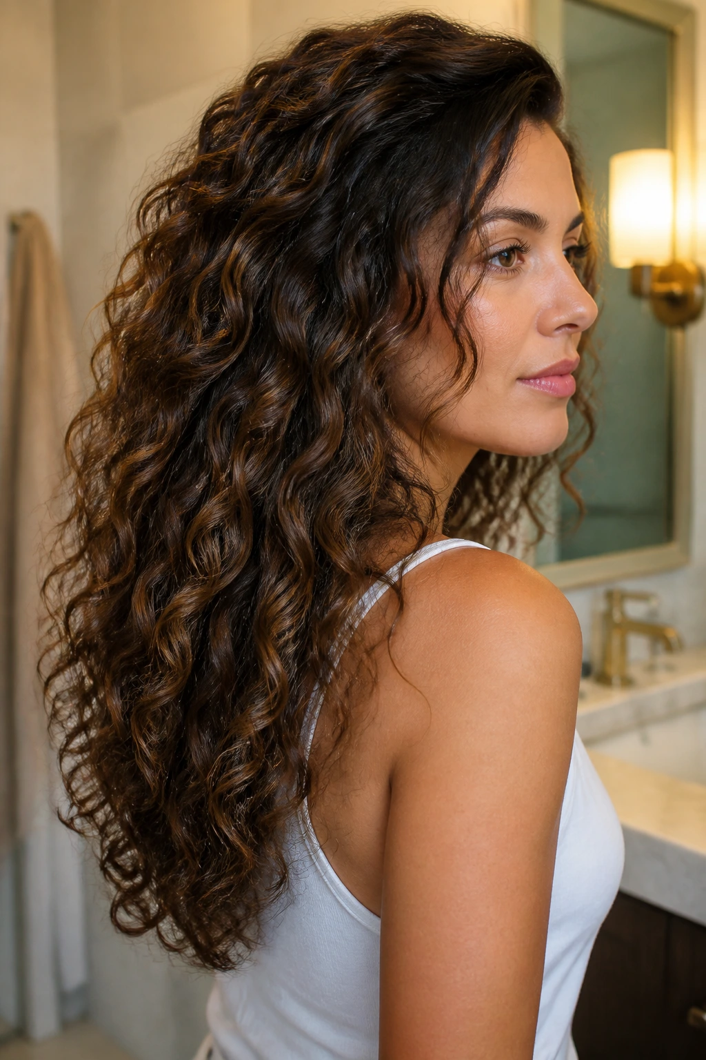 Portrait of a real woman with long curly hair demonstrating curl maintenance and grow-out care.