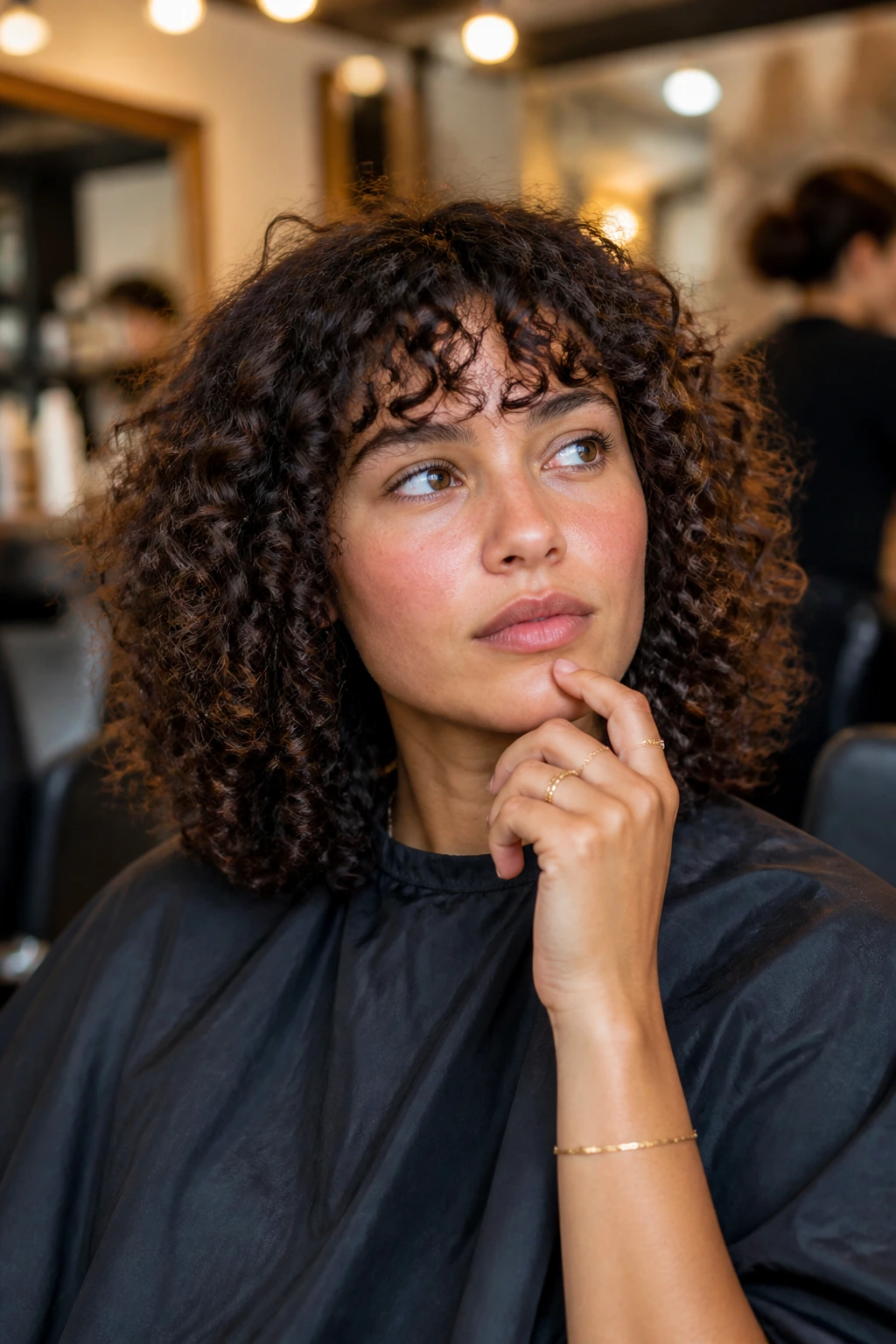 Real person in a salon chair with a thoughtful look before a haircut