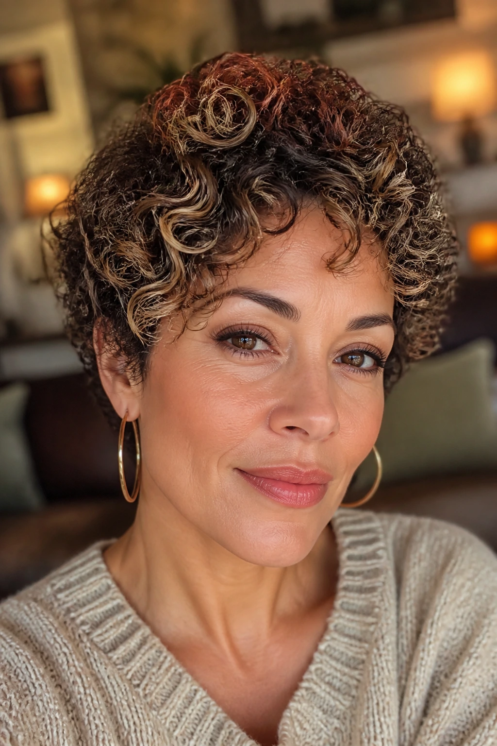 Real woman's short curls showing honey, copper, and beige color variations
