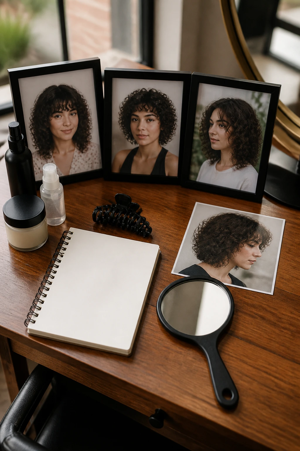 Flat lay of curl-consultation items including reference photos, notebook, clip, mirror, and haircut photo on a wood desk
