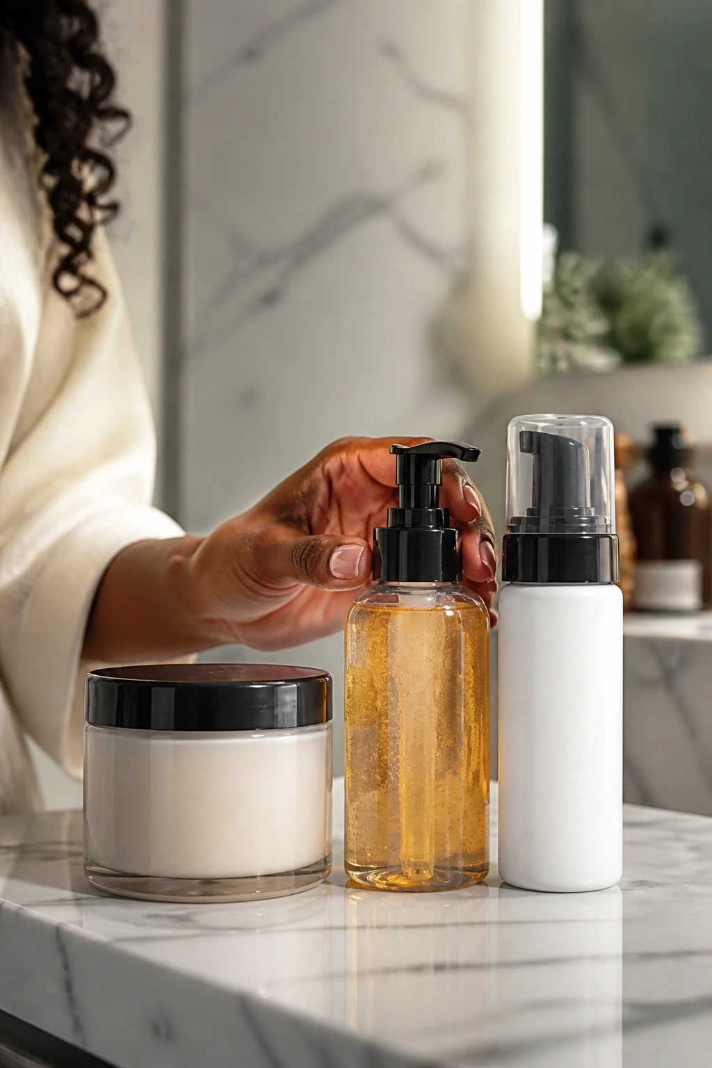 Close-up of curling cream, gel, and mousse bottles on a bathroom counter