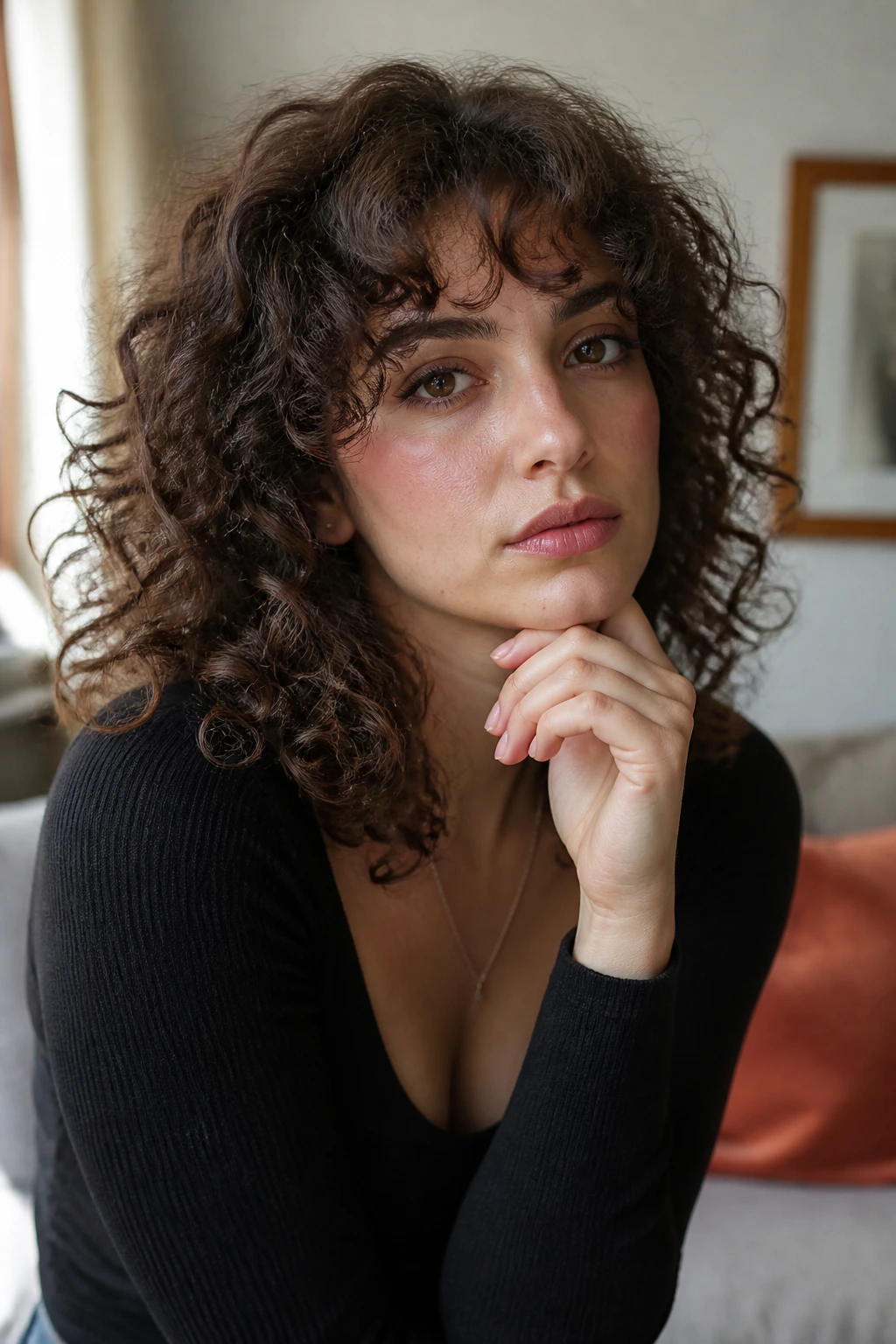 Close-up of a real woman with curly hair looking thoughtful