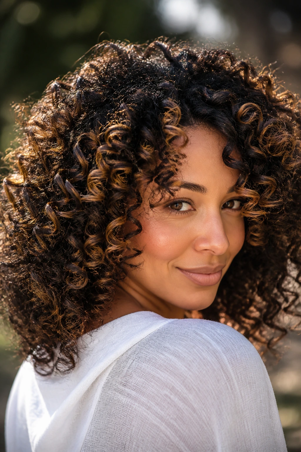 Curl-first caramel highlights on thick curly hair