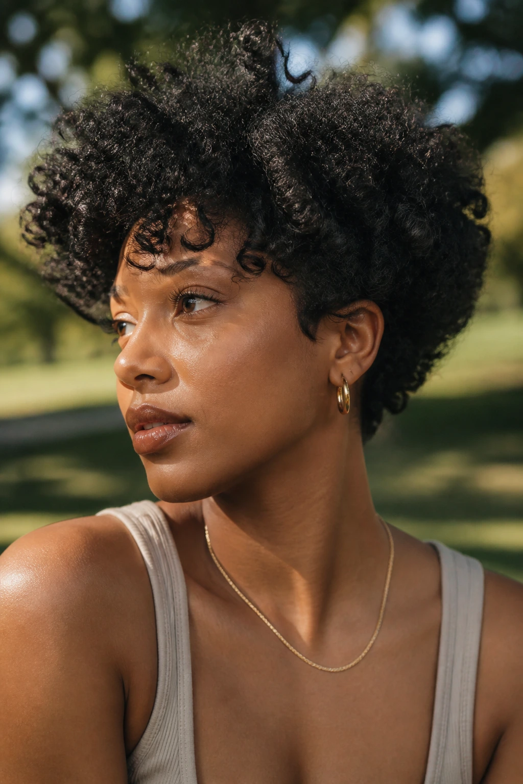 Close-up of a Black woman with curl-friendly haircut outdoors