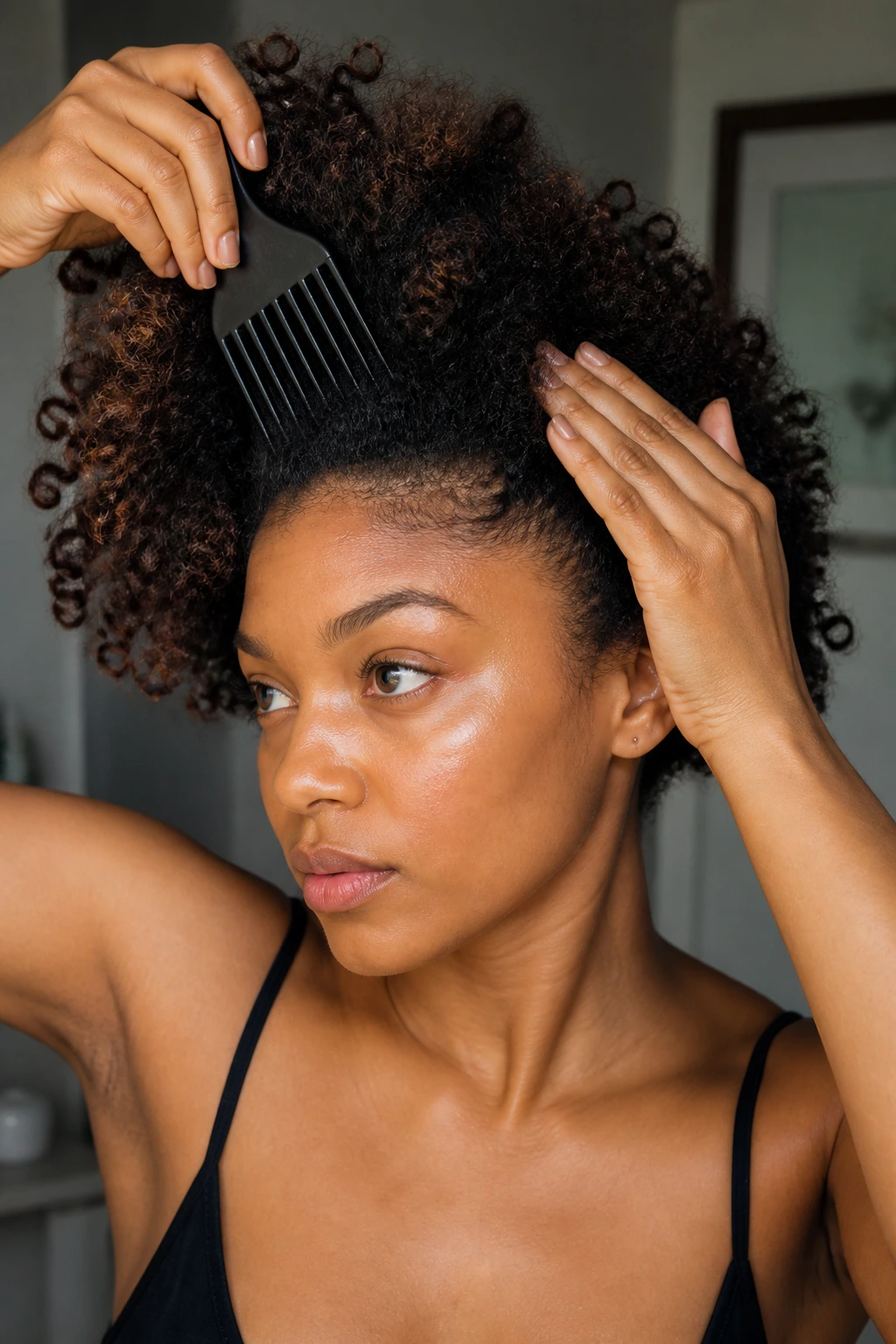 Close-up of a real person adjusting curls at the front to keep the shape soft