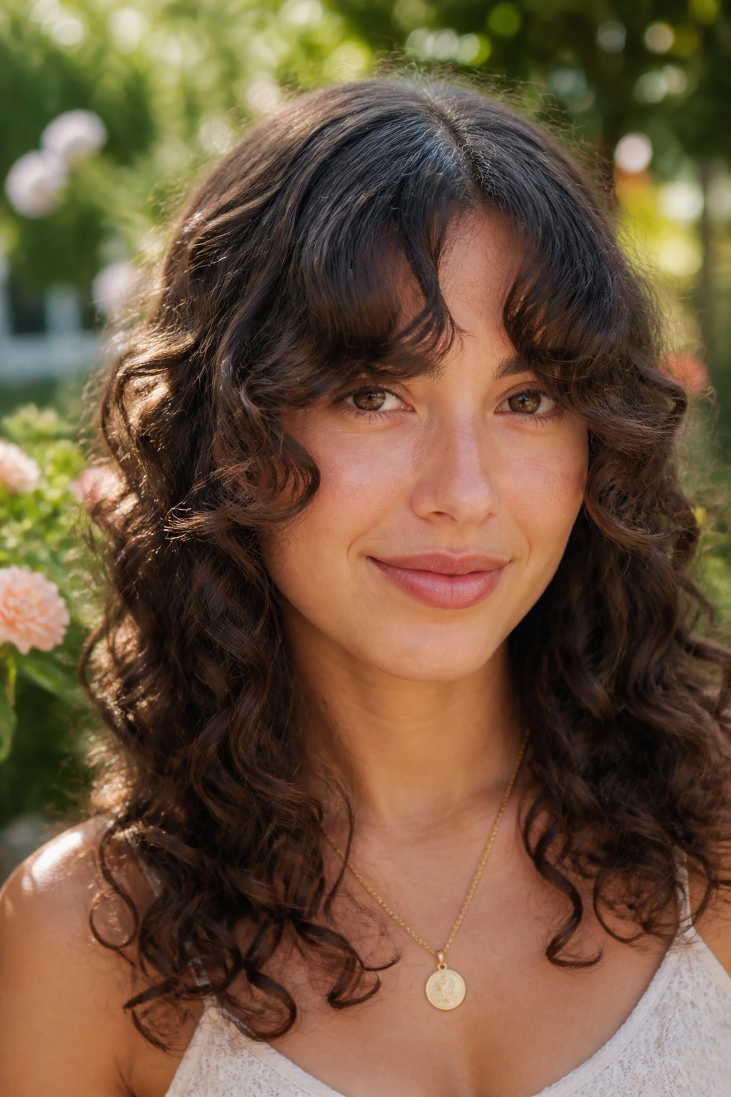 Close-up portrait of a real woman with curl-forward curtain bangs.