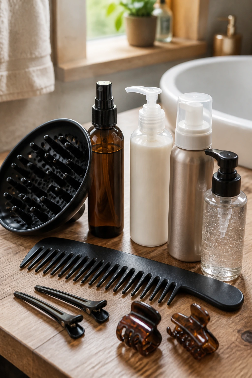Still-life of curl-friendly bangs tools on a wooden bathroom counter