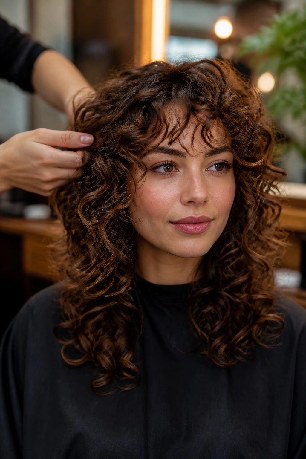 Close-up of a real person in a salon chair showing curl-friendly cut needs