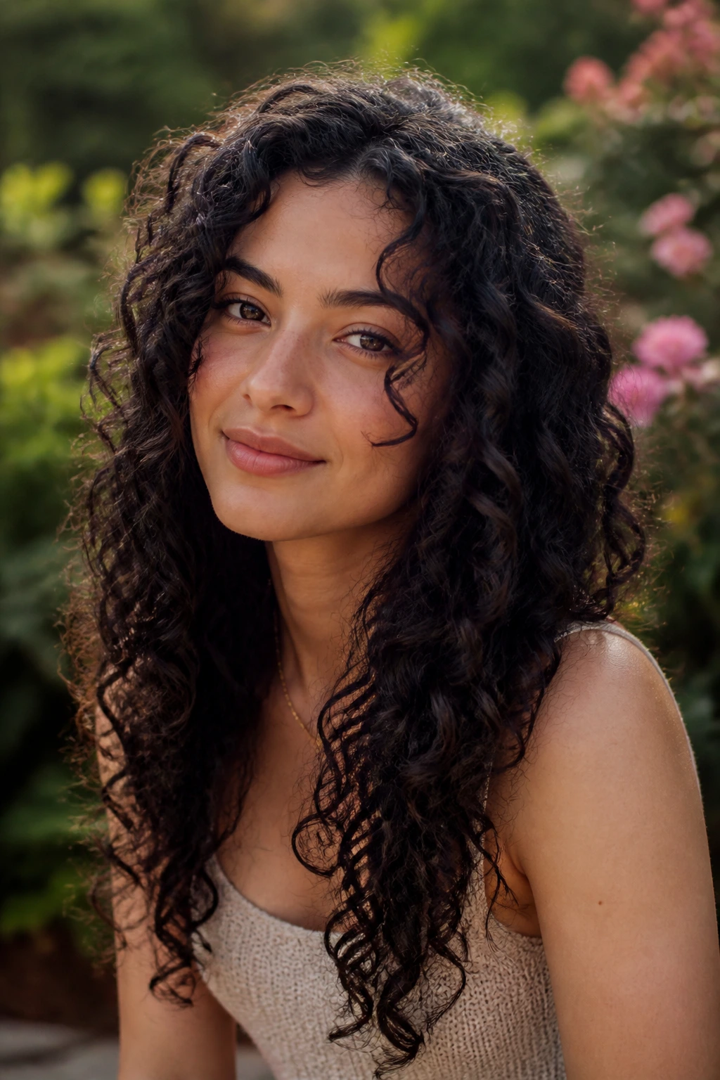 Close-up of real woman with curl-friendly face-framing layers in morning light
