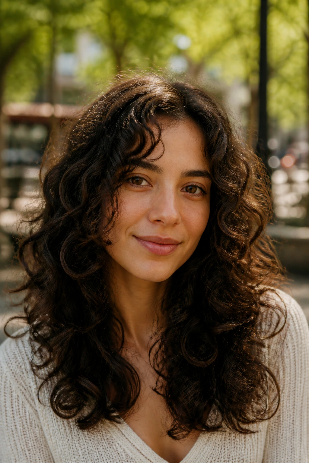 Close-up of a real woman with curl-friendly layered curls framing the face in park light
