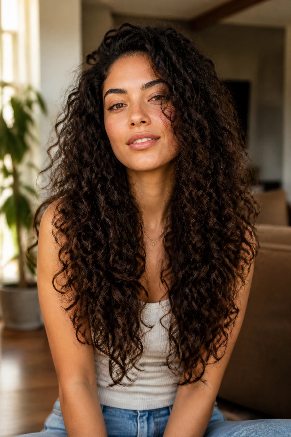 Portrait of a real woman with curl-friendly long layers, curls stacked softly with preserved length