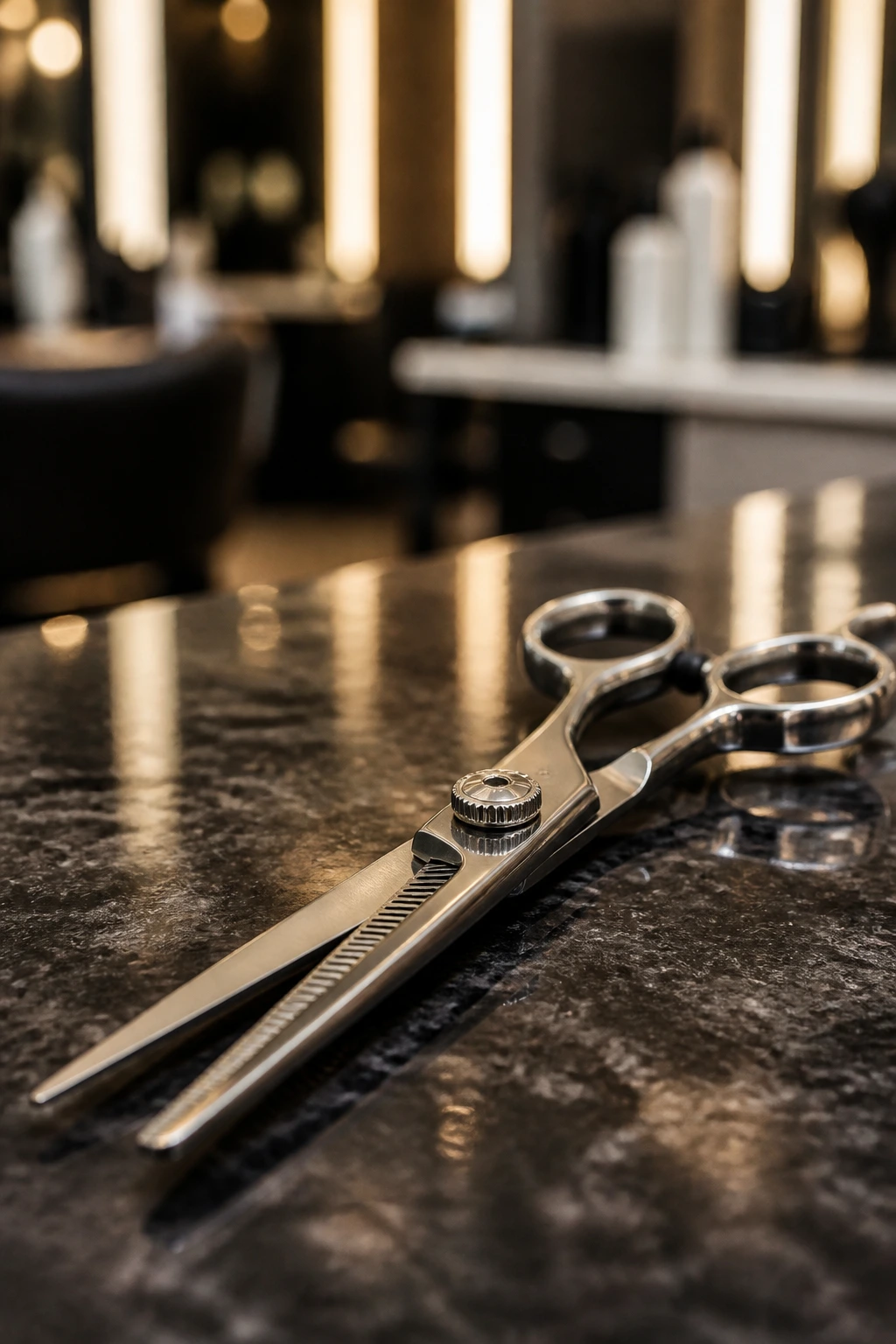 Close-up of curl-friendly hair shears in a salon setting