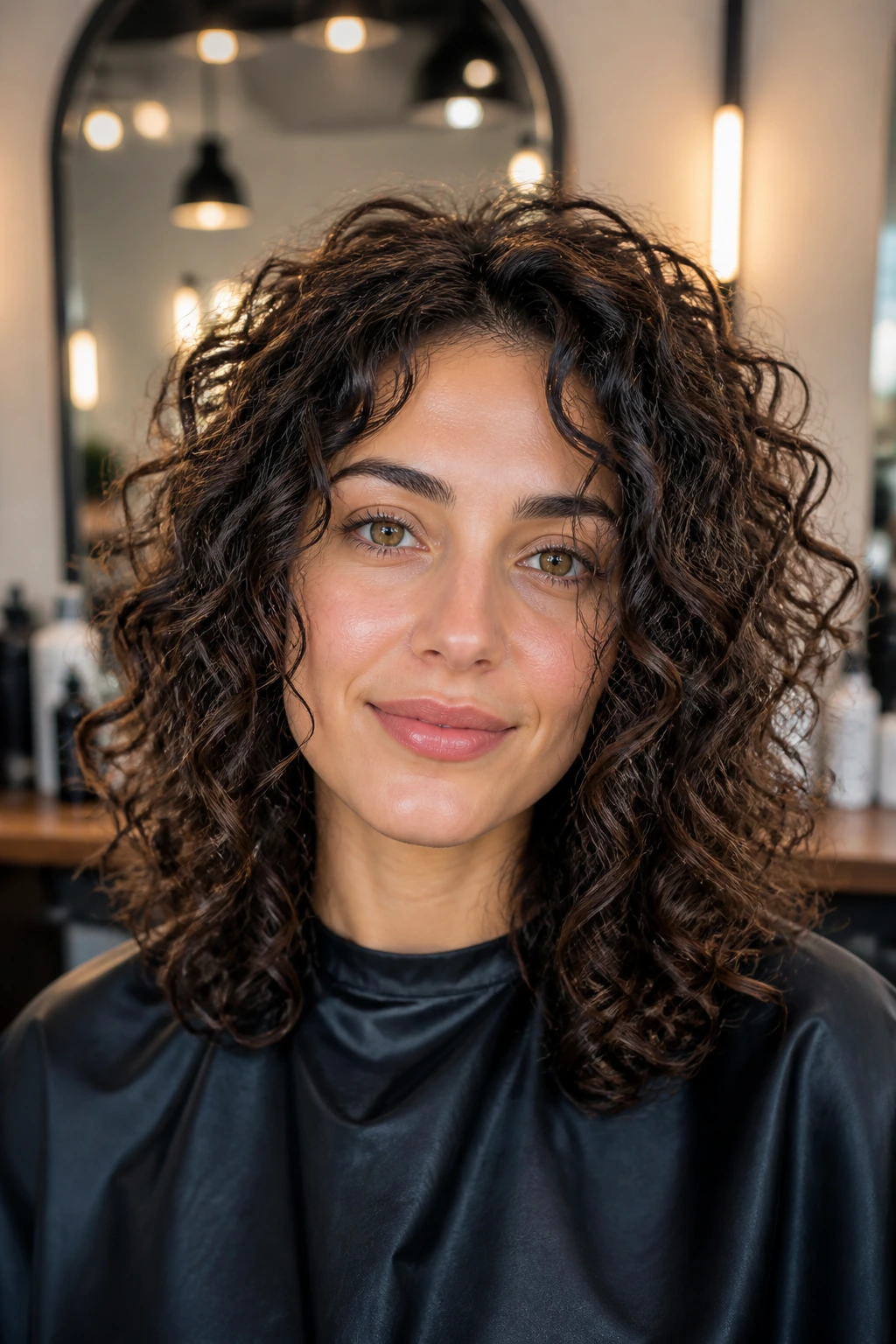 Portrait of a real woman in a salon chair with medium-long curly hair.
