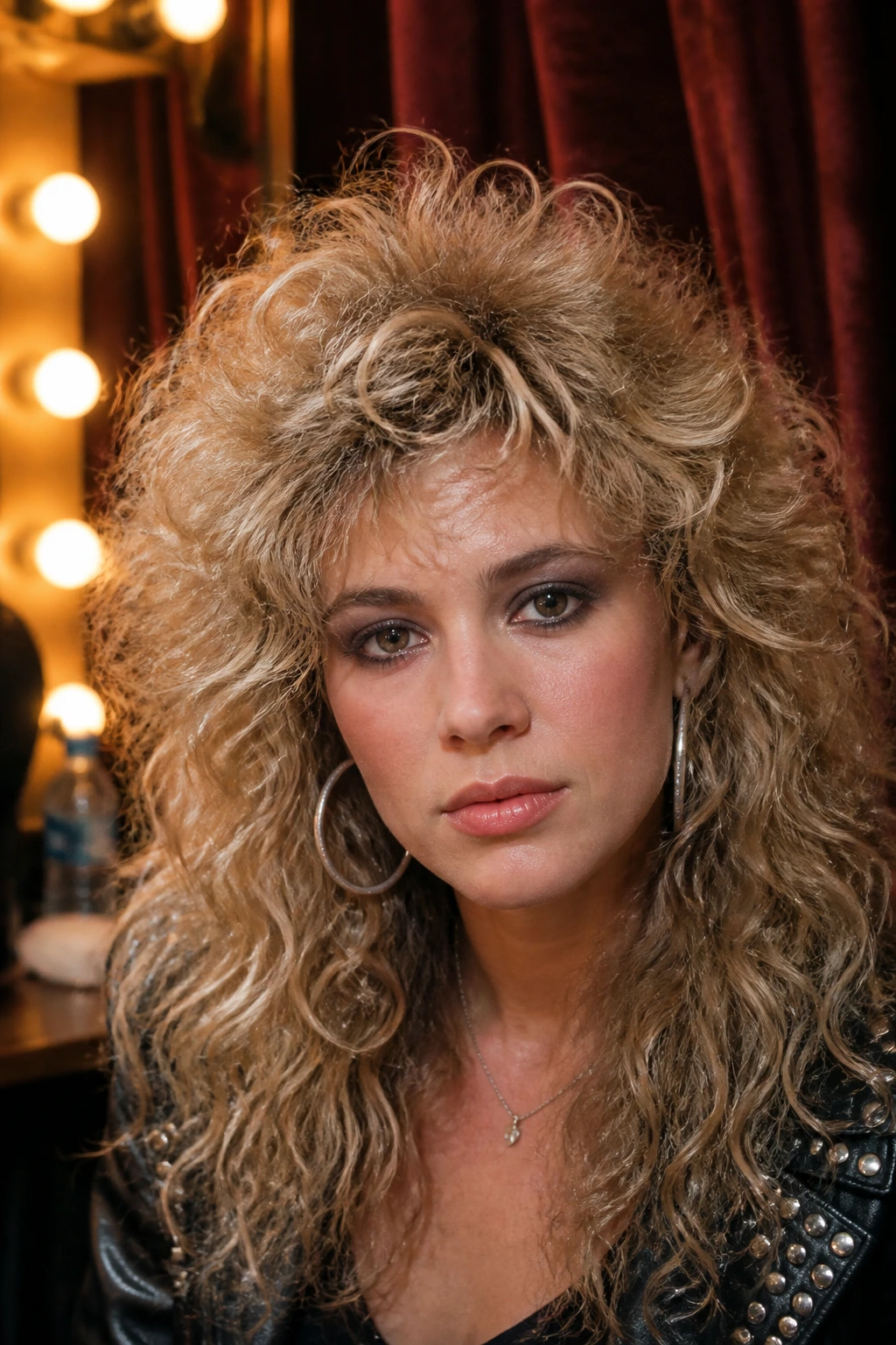 Close-up of a real woman with a brushed-out curl halo under warm backstage light