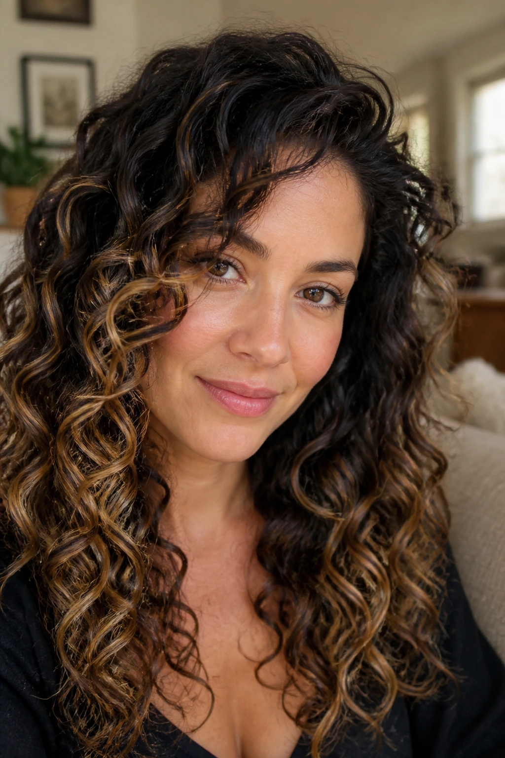 Close-up of a real woman with loose spiral curls and camel highlights on the high points.