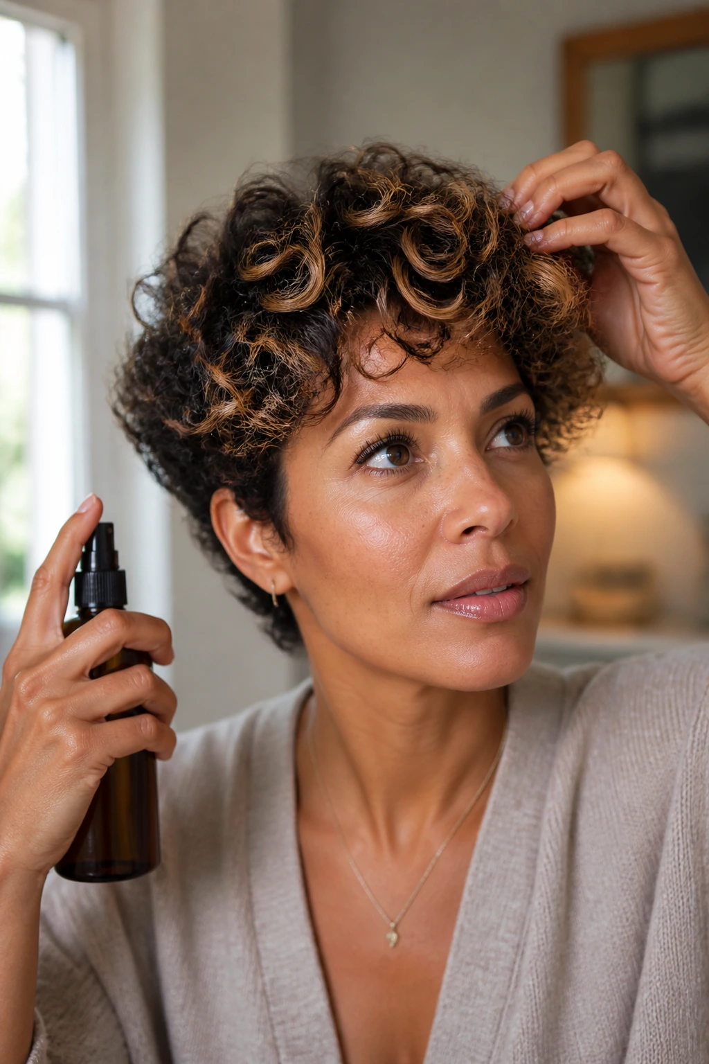 Close-up of short curly hairstyle styled to show bright highlights on crown and outer curls.