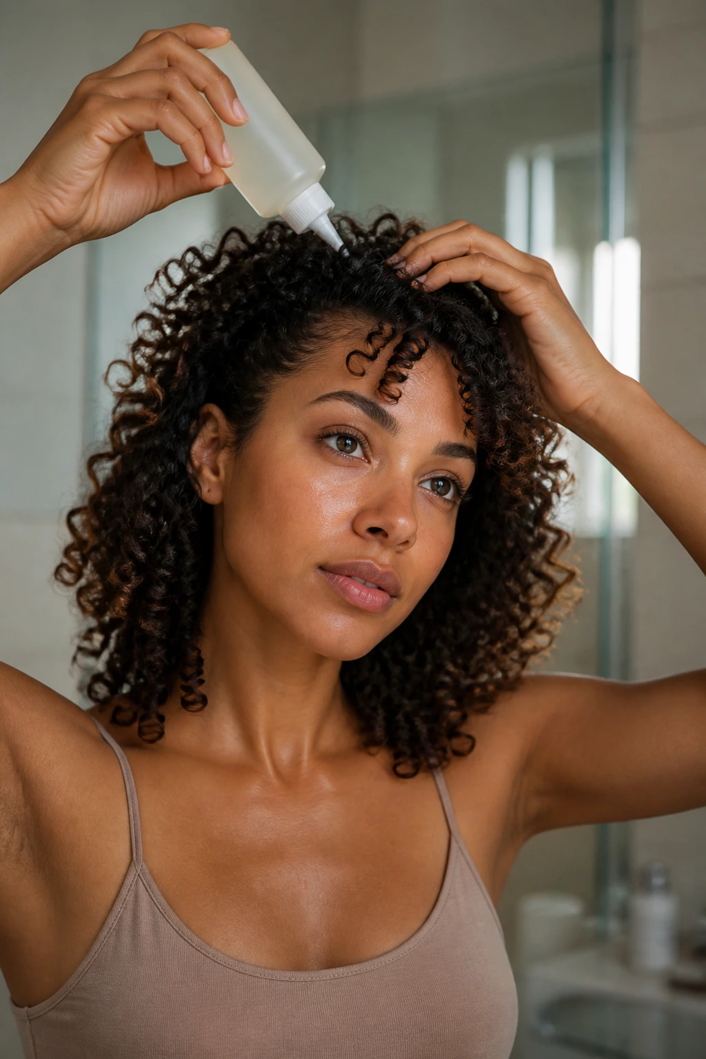 Close-up of a person applying product to curly hair in a bathroom with no product labels visible