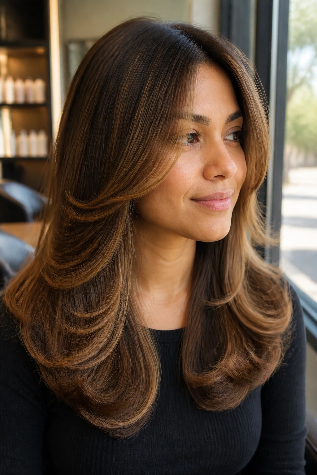 Close-up of a real woman with C-curled layers and blended caramel lowlights
