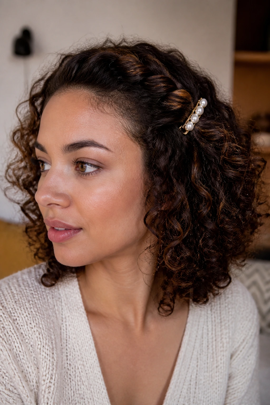 Close-up of a shoulder-length curly hairstyle with a side clip and crown twist on a real person