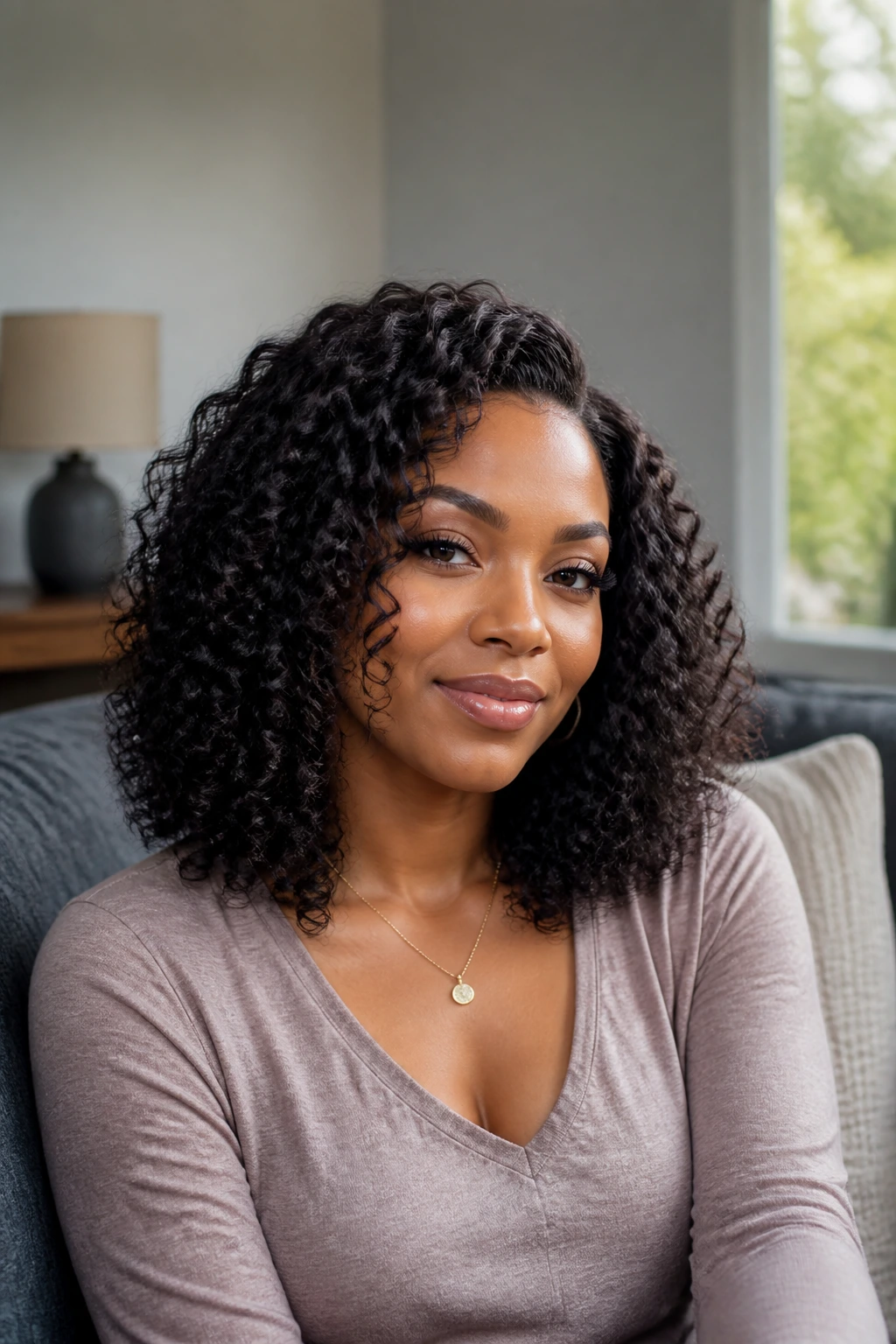 Medium close-up of a real person wearing a mid-length curly wig with natural curls