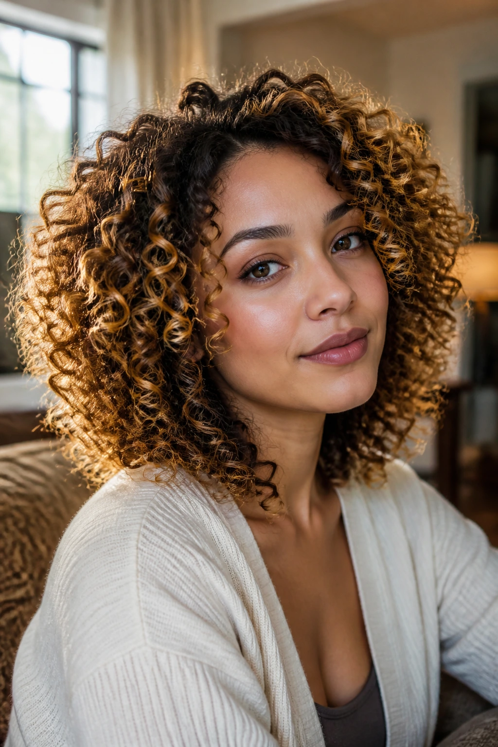 Brunette curls with a halo of gold accentuating curl pattern