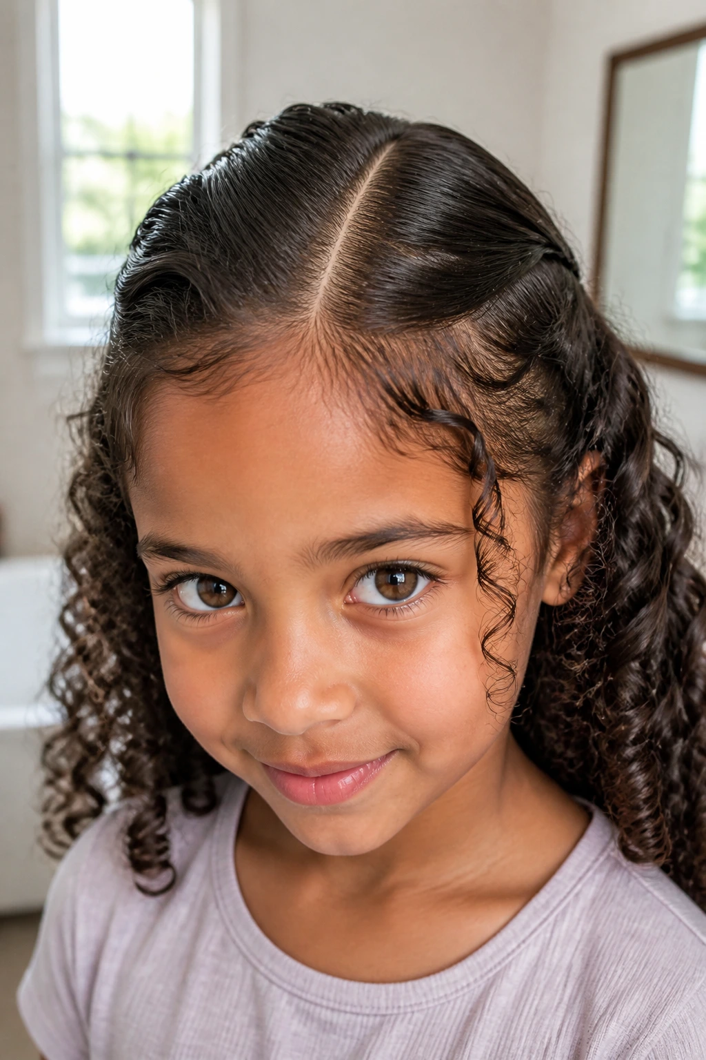 Portrait of a girl with a clearly defined part and glossy curls