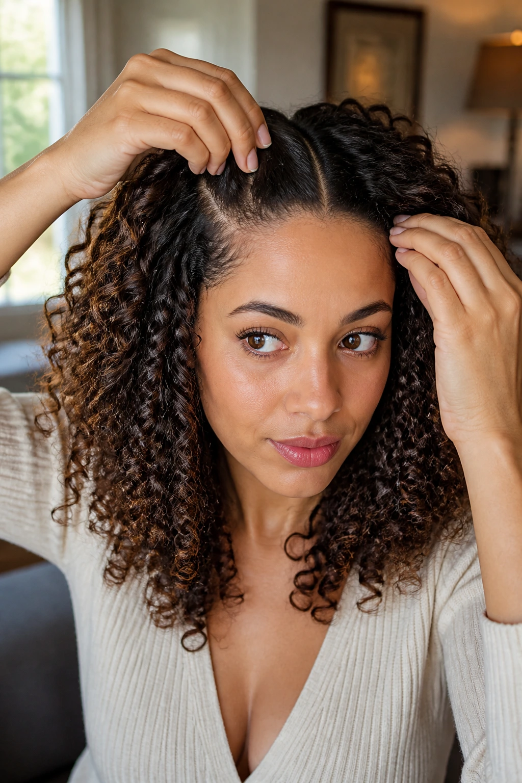 Close-up of a person adjusting a small hair part on curly hair