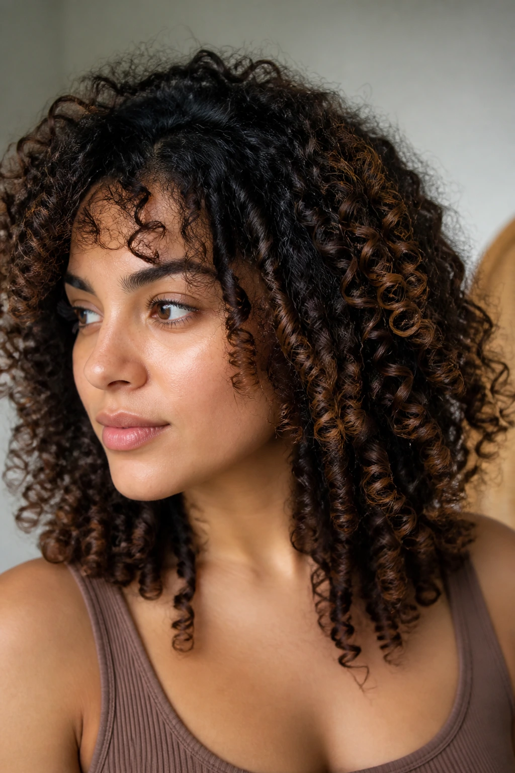 Close-up of a real person showing different curl patterns and color placement