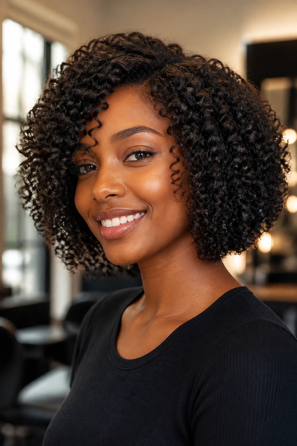 Close-up portrait of a real Black woman with a tailored bob in a salon