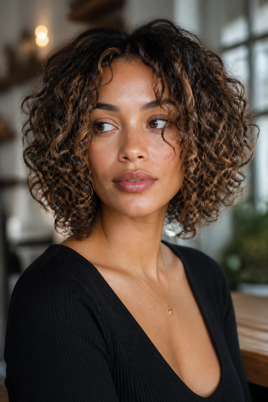 Close-up of a real person with defined curl pattern around the face