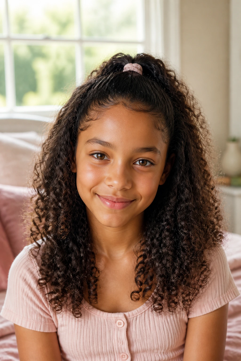 Close-up of a girl with natural curls in a half-up style showing curl pattern and length considerations