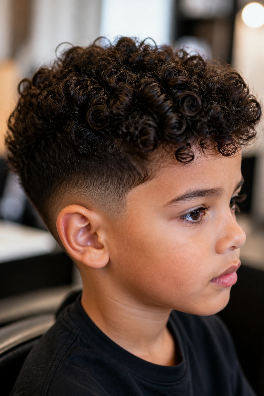 Child with mixed curl patterns and a low taper on the sides
