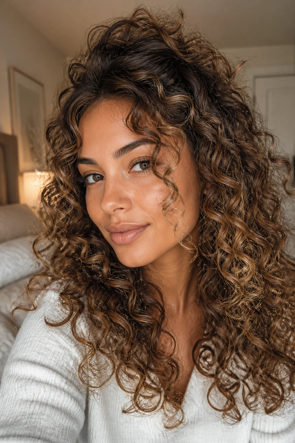 Close-up of a real woman with curly hair styled to maintain curl pattern and lifted crown