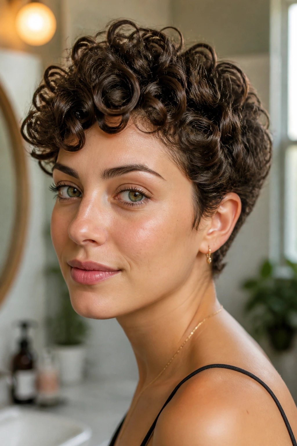 Close-up of defined curls showing curl pattern on a real person.