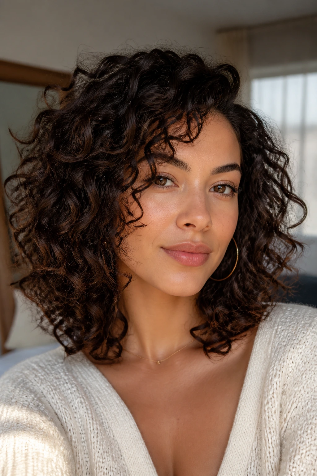 Close-up portrait of a real woman with curly hair showing curl shape around her face