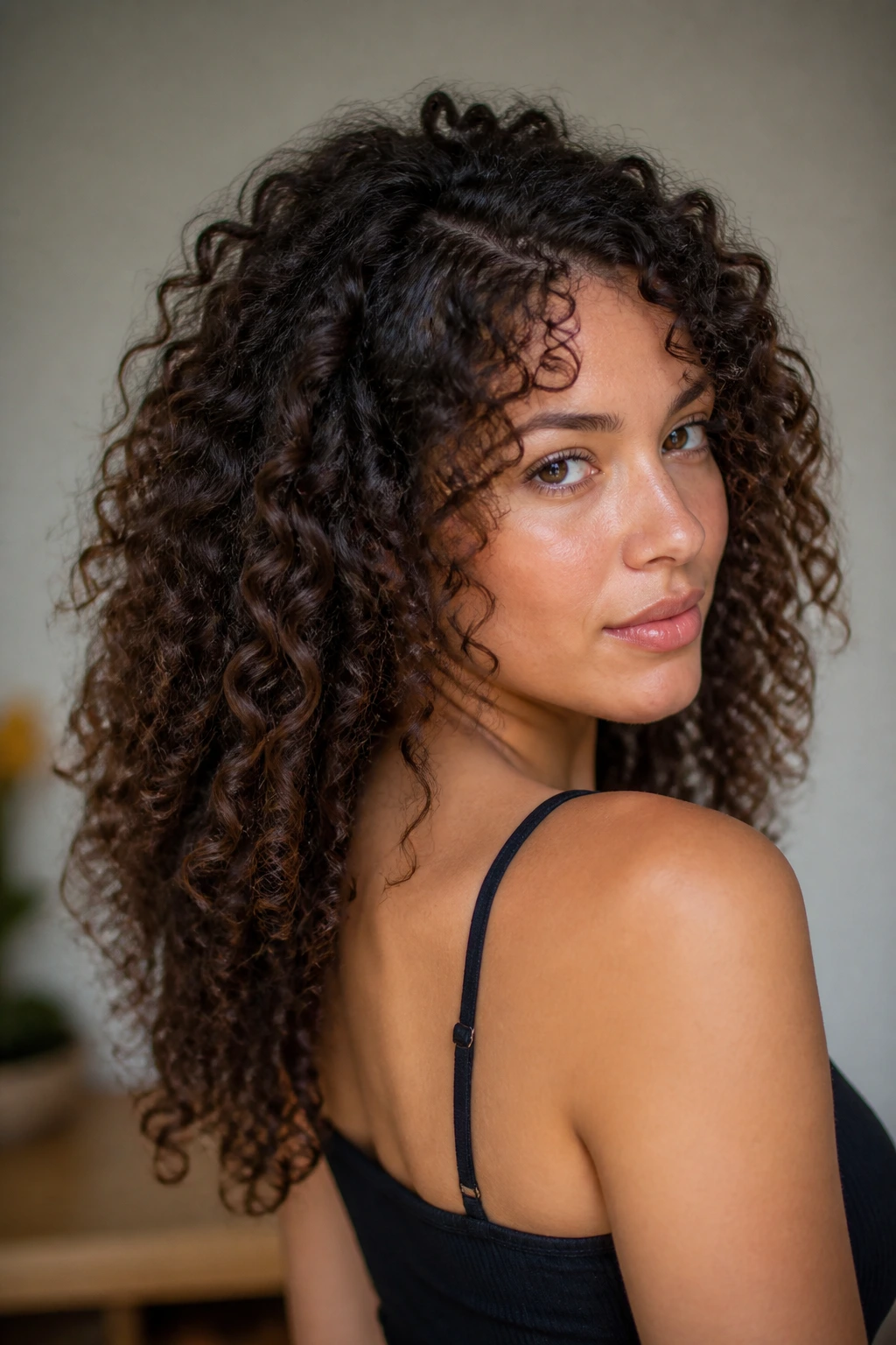 Close-up of a real person showing crown and perimeter curl pattern in soft indoor light