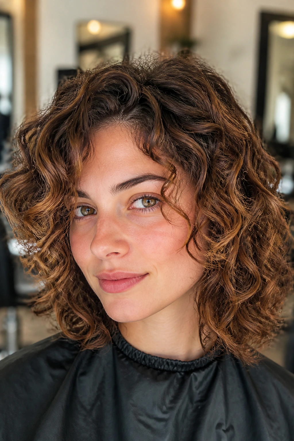 Portrait of real woman with curly hair showing curl pattern for stylist brief