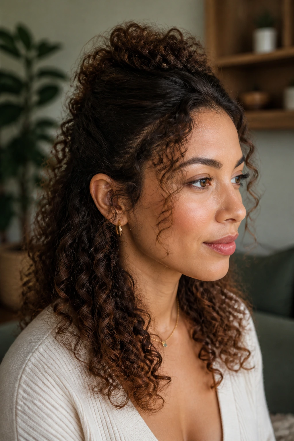 Portrait of a real woman with varied curl density wearing a half-up hairstyle in a warm home interior.