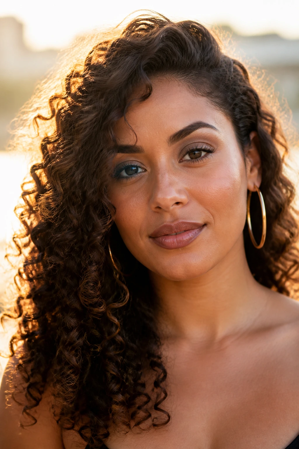 Close-up of a real woman wearing side-swept curls outdoors