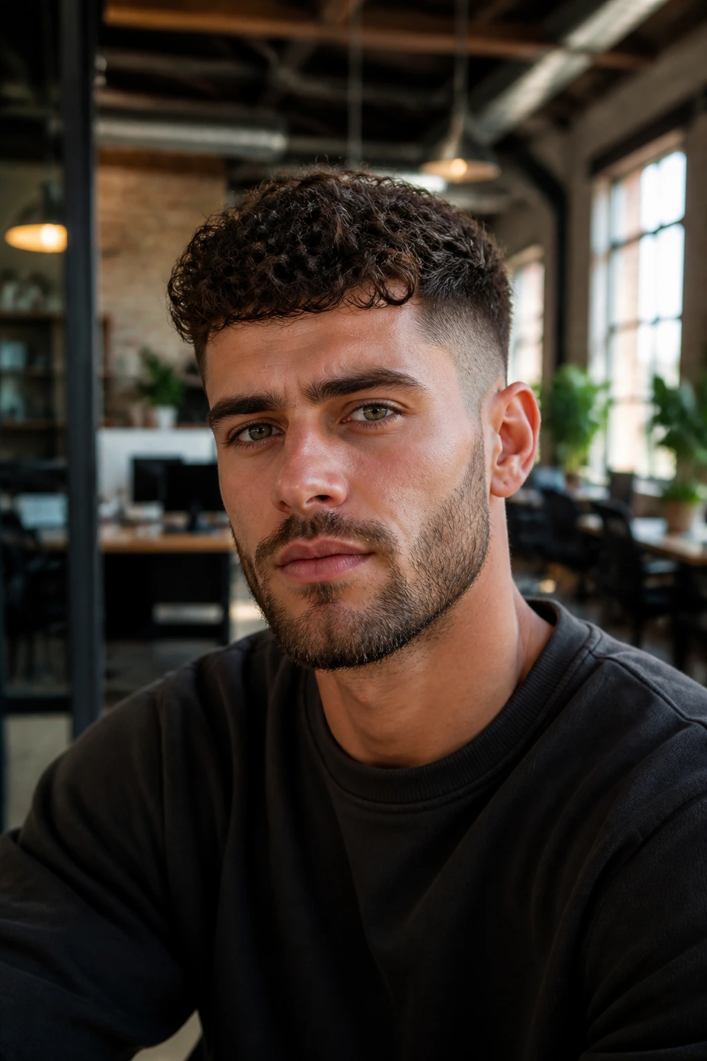 Close-up portrait of a man with varied curl patterns in a curly crop adaptation