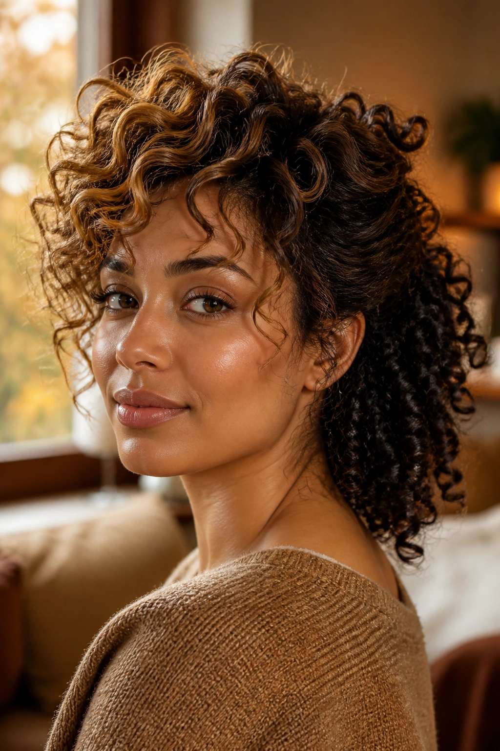 Close-up portrait of a real woman showing both loose waves and tight curls to illustrate curl pattern variations.
