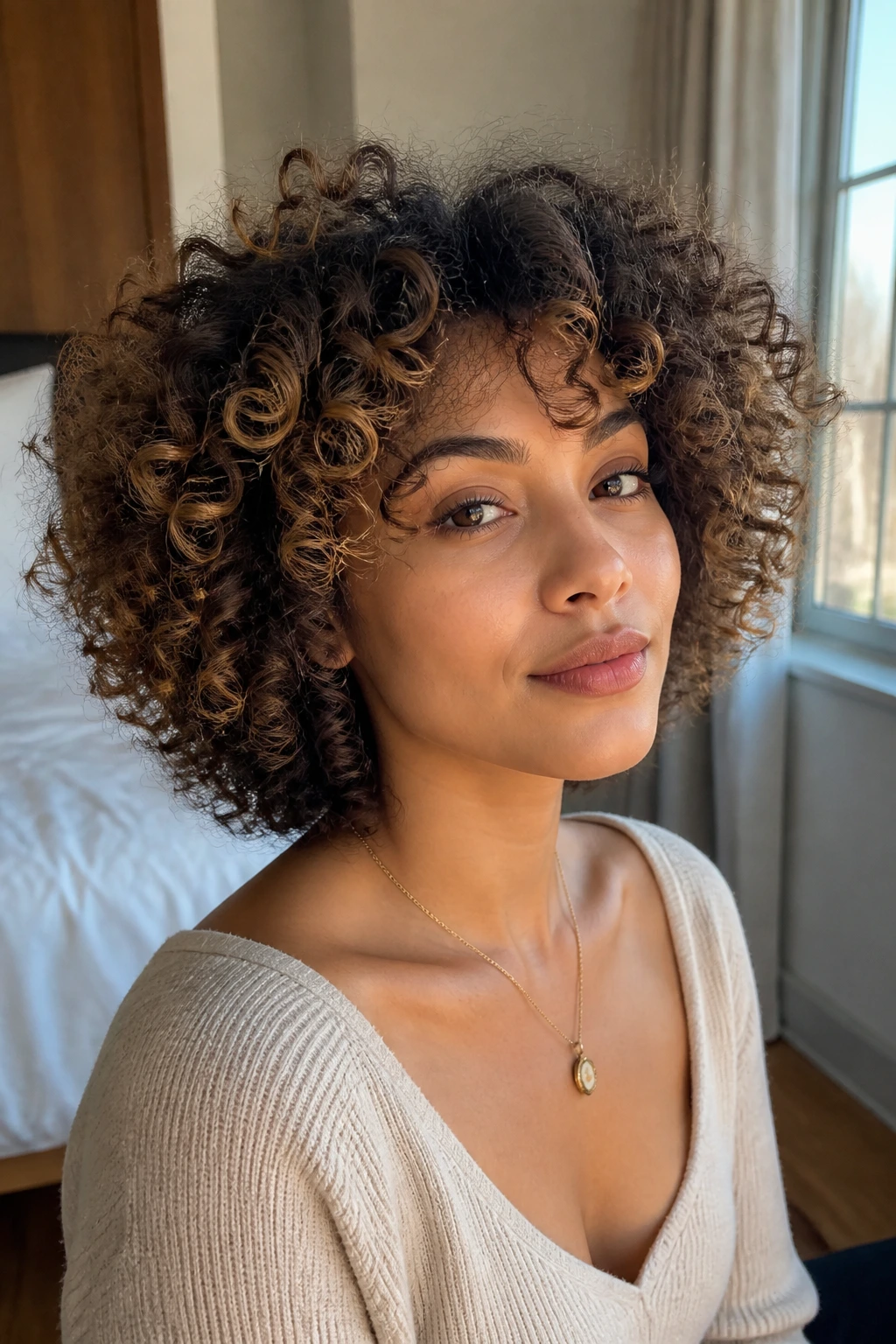 Close-up of a real person showing varied curl textures and lengths.
