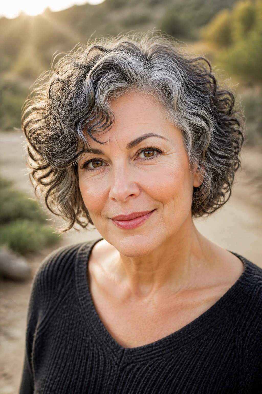 Portrait of a woman with varied curls and side part illustrating curl pattern variations