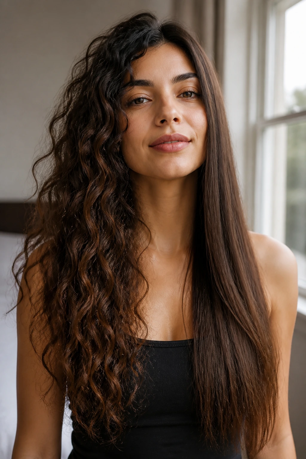 Portrait showing two textures in long layered hair