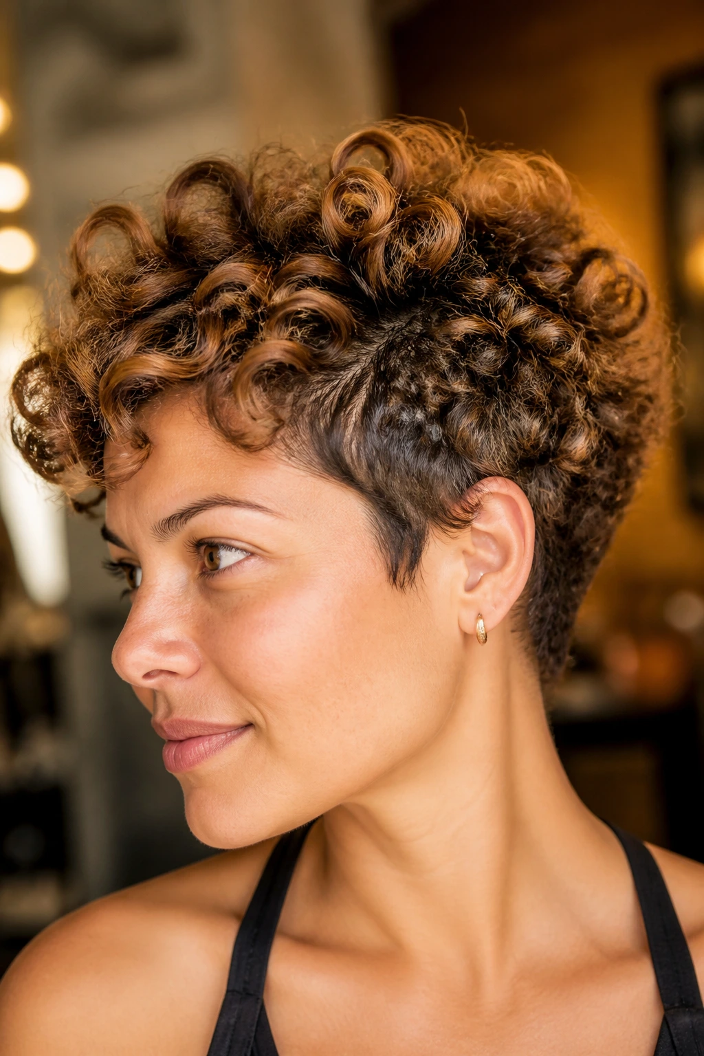 Close-up portrait showing varied curl patterns on crown and sides