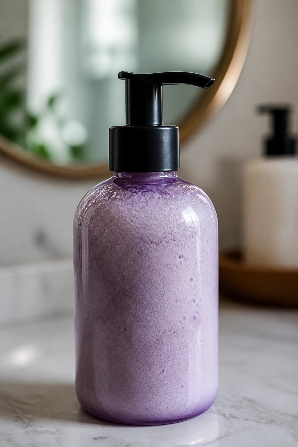 Close-up of a curling product bottle on a bathroom counter.