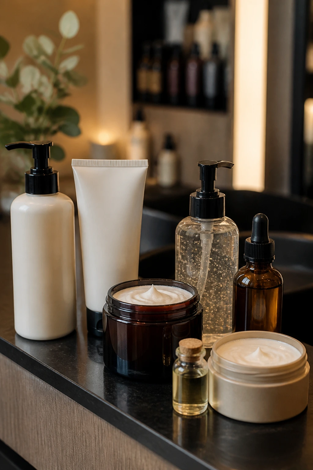 Close-up of curl care products arranged on a salon counter