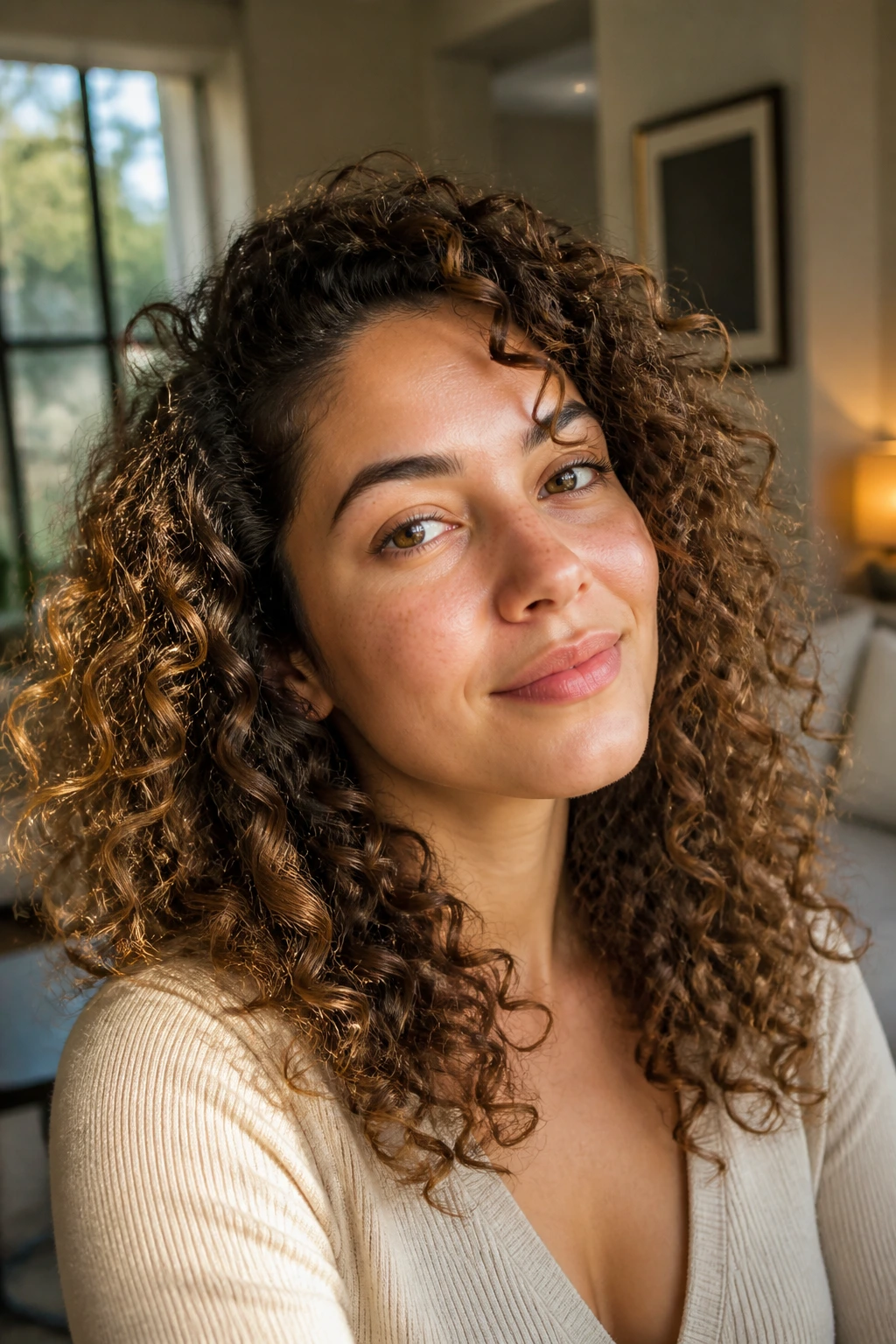 Close-up of a real woman's curly hair with subtle sheen