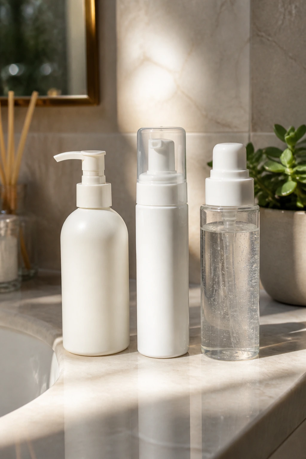 Unlabeled curly-hair styling bottles on a bathroom vanity in morning light